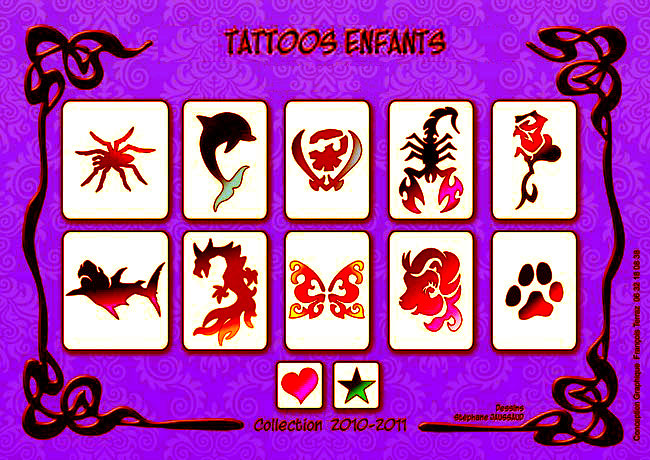 Modèles de tatouages pour anniversaire anfants à domicile. Tatouage araignée, dauphin, tête de mort, scorpion, rose rouge, requin, dragon, papillon, poney et patte de chat.
